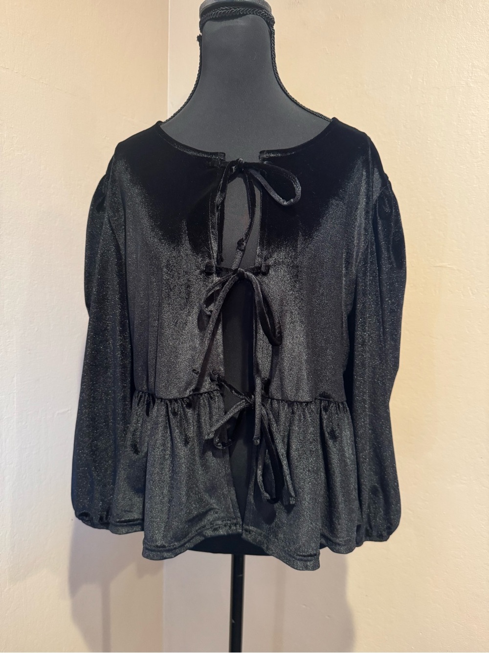 Ultra Pink Super Soft Midnight Black Velvet 3 Tie Front, Puff Sleeve Peplum Top